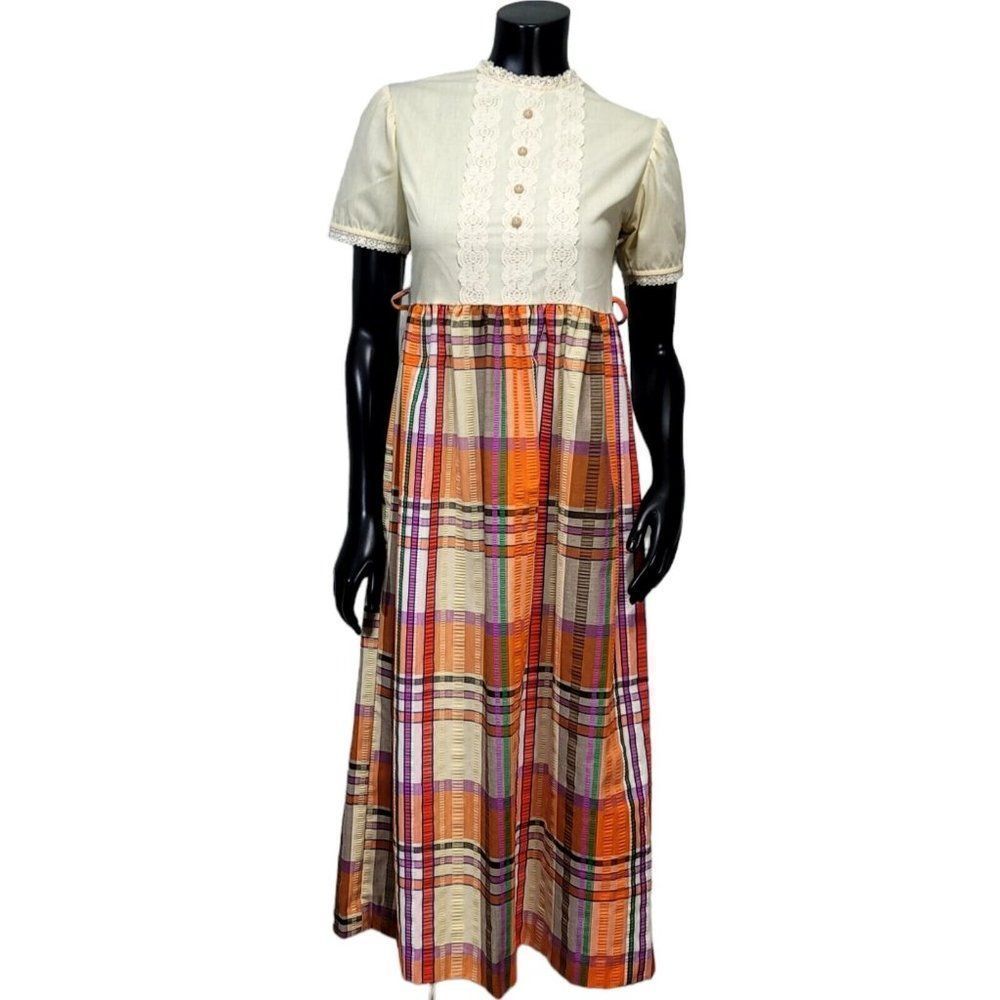 Vintage 60s 70s Sears Growing Girl Plaid Skirt Short Sleeve Lace Maxi Dress
